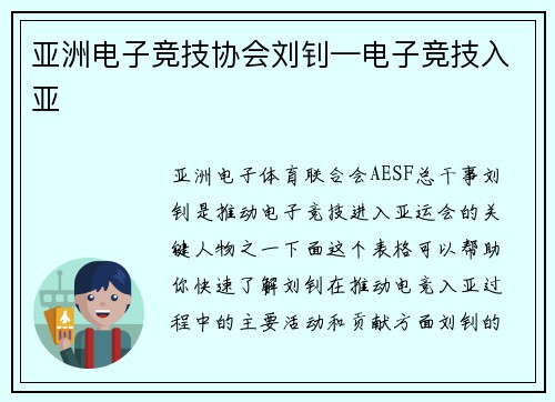 亚洲电子竞技协会刘钊—电子竞技入亚